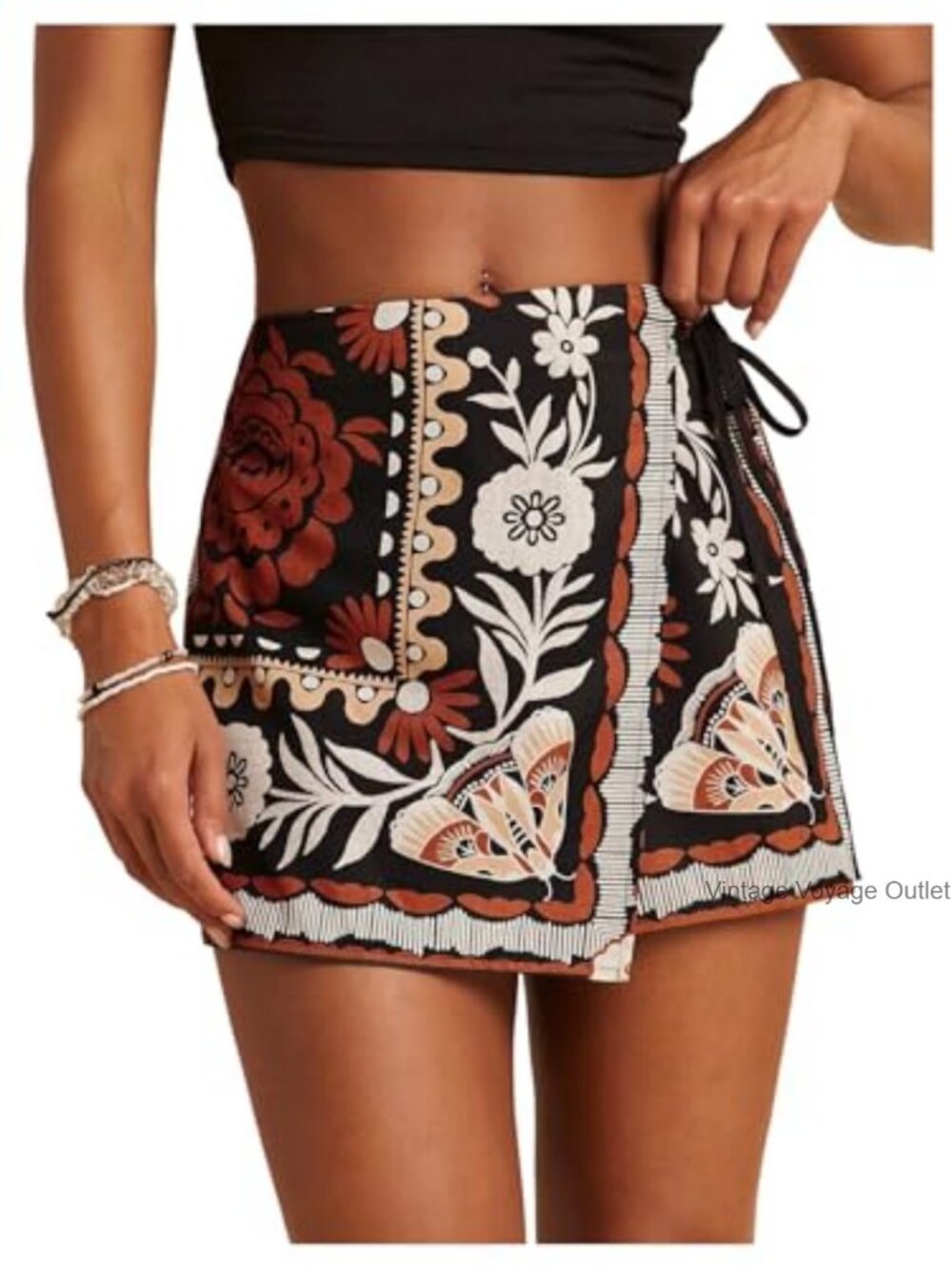 Boho Floral Mini Skort Elastic High Waist Tie Side Asymmetrical Hem